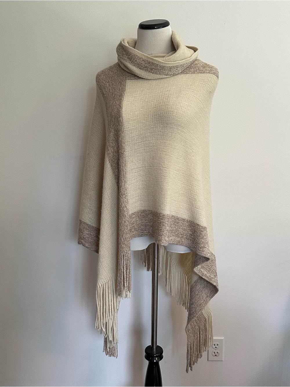 Cozy Cream & Taupe Fringe Poncho